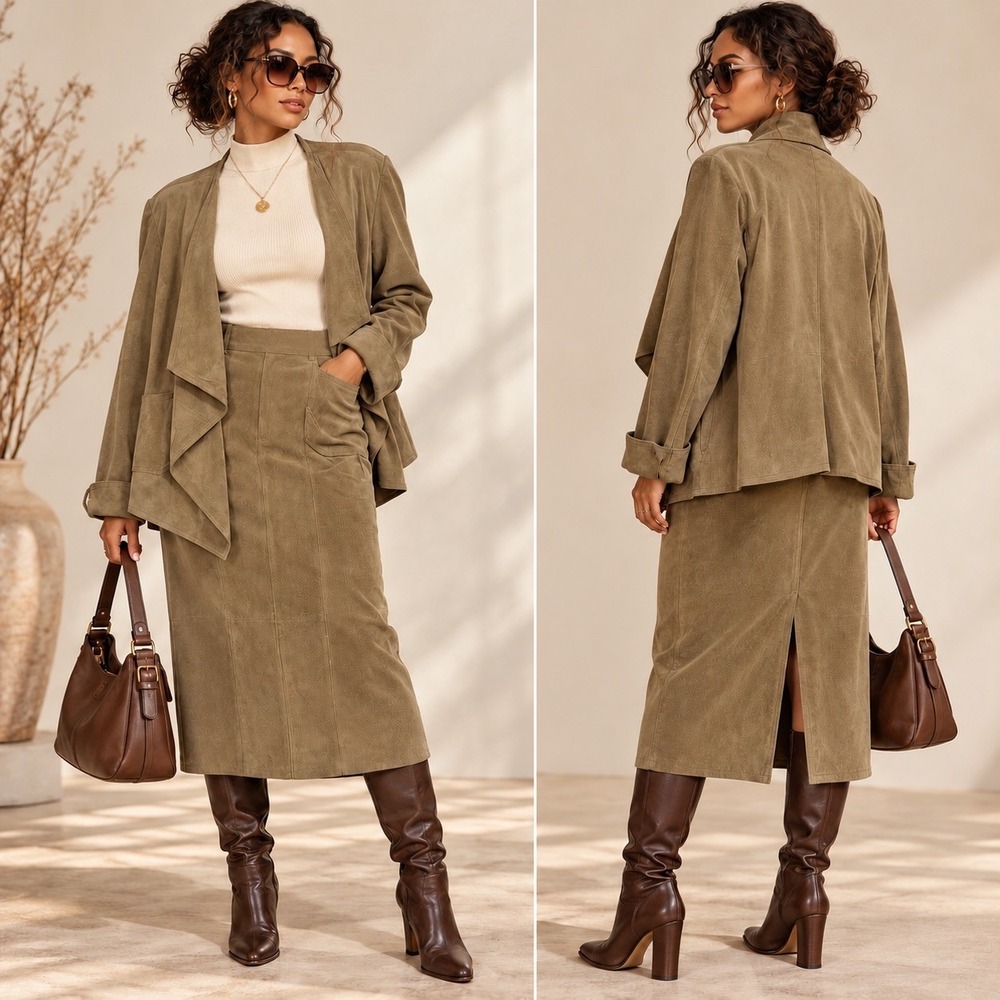 Vtg 90s Pig Suede Leather Skirt Suit Sz 12 Mocha Brown Draped Jacket Midi Skirt